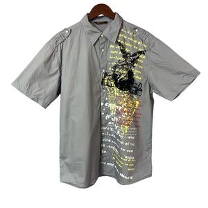 Y2K PJ Mark Streetwear Gray Collared Button Down Graphic Studded Pearl Snap